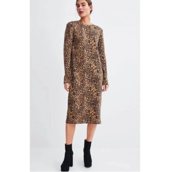 Zara Crewneck Midi Dress Leopard Print Small Bodycon Long Sleeve - Picture 1 of 7